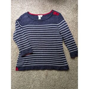 Nomadic Traders Sweater Womens L Blue Striped Red Trim Button Shoulder Nautical